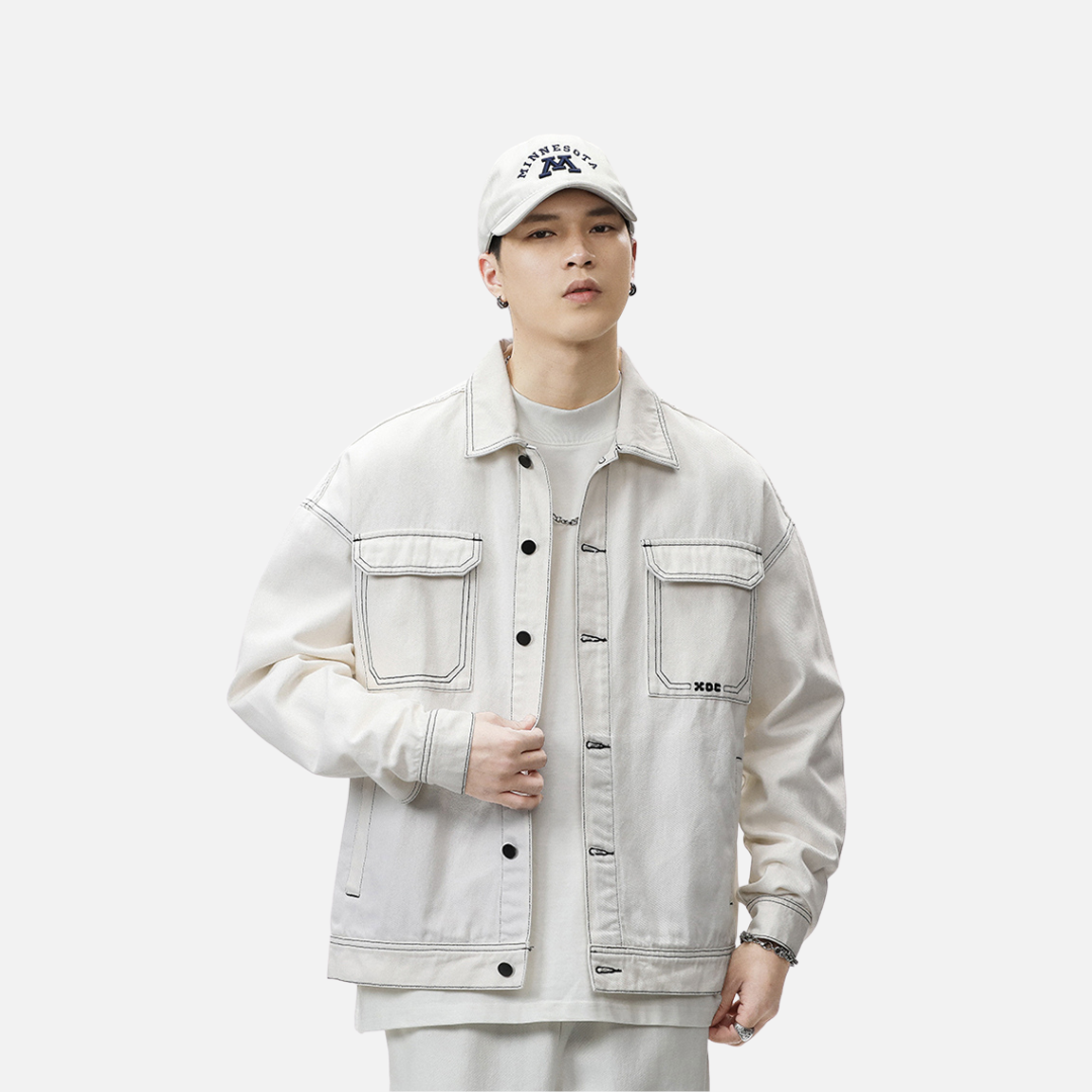 OVERSIZE CONTRAST STITCH JACKET - WHITE