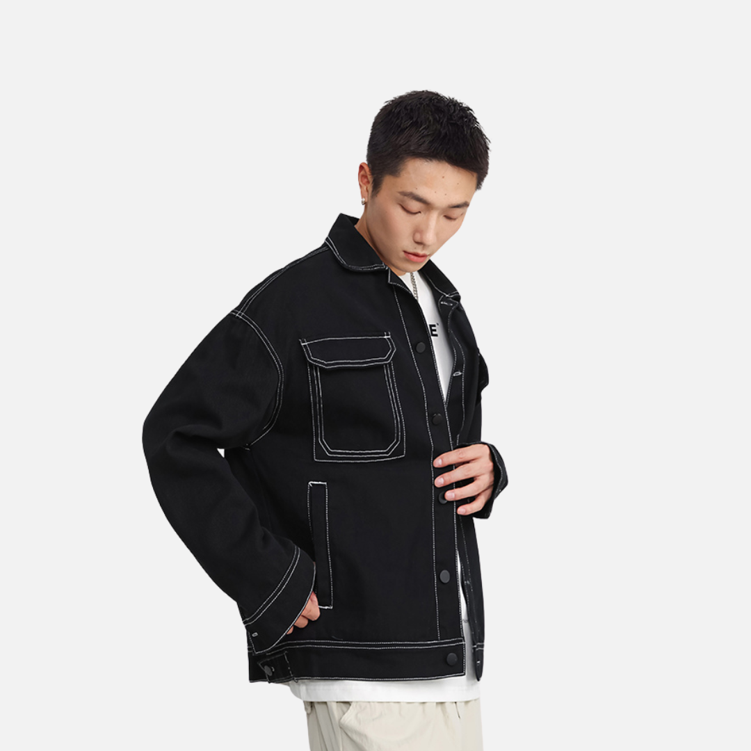 OVERSIZE CONTRAST STITCH JACKET - BLACK